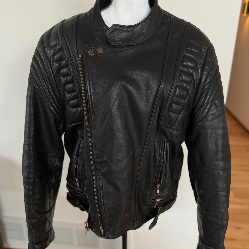 Black, painted back- leather motorcycle jacket - Picture 2 of 10
